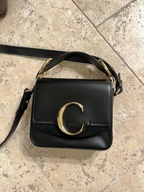 CHLOE Black Leather Crossbody Bag with Gold C Accent